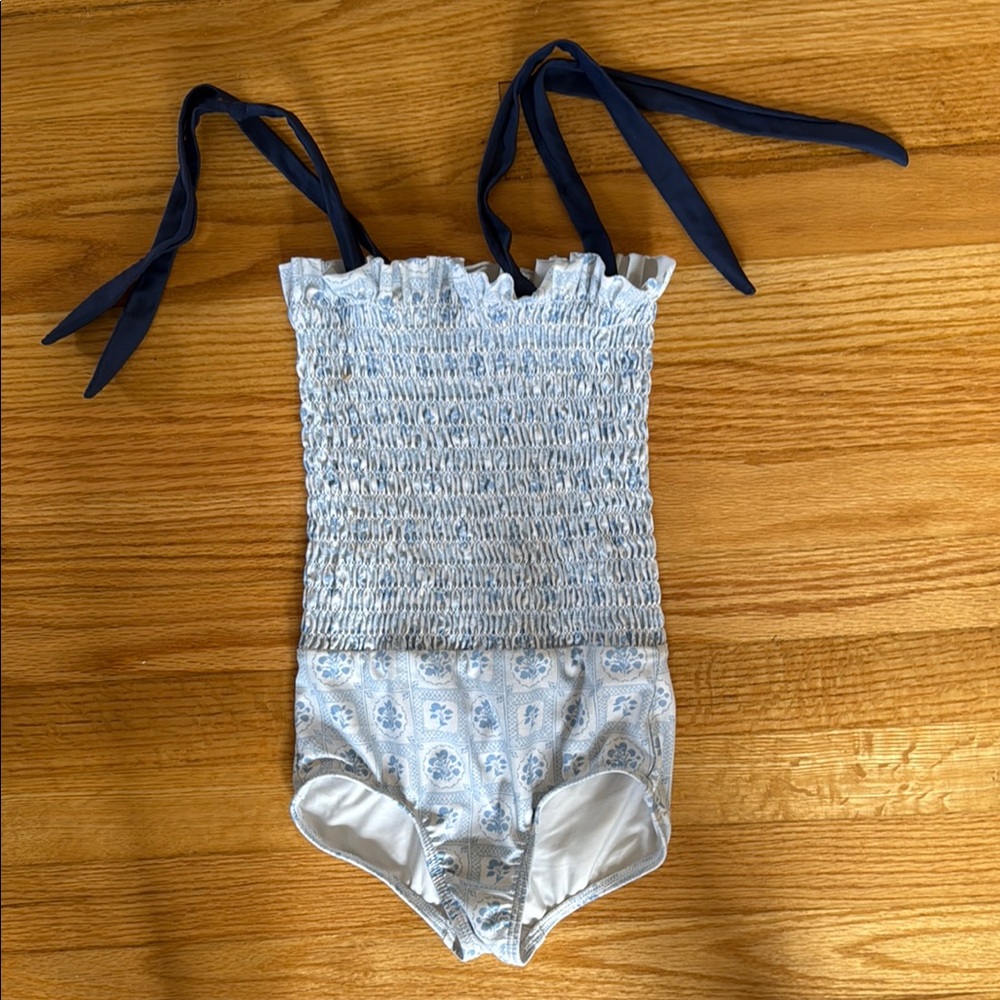 MINNOW Swim Girls Light Blue Smocked One-Piece Swimsuit with Navy Ties